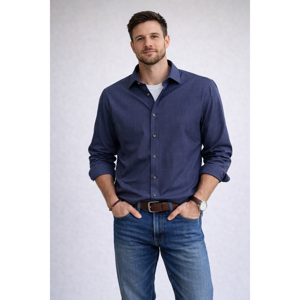 Bugatchi Mens Navy Blue Micro Pattern Long Sleeve‎ Button Down XL
